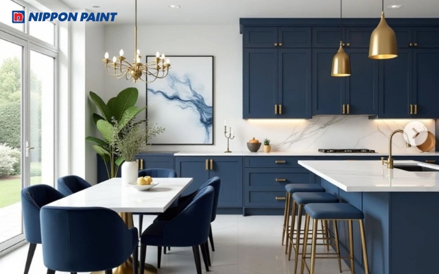 Phòng bếp cổ điển, sang trọng với gam màu xanh dương - trắng - vàng đồng