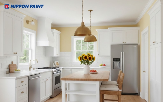 Nhà bếp hiện đại với tông màu vàng - trắng