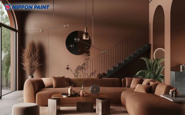 Phòng khách tông màu nâu tạo không gian ấm áp, cổ điển