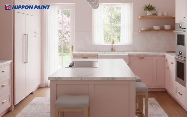 Mẫu nhà bếp màu hồng pastel ngọt ngào