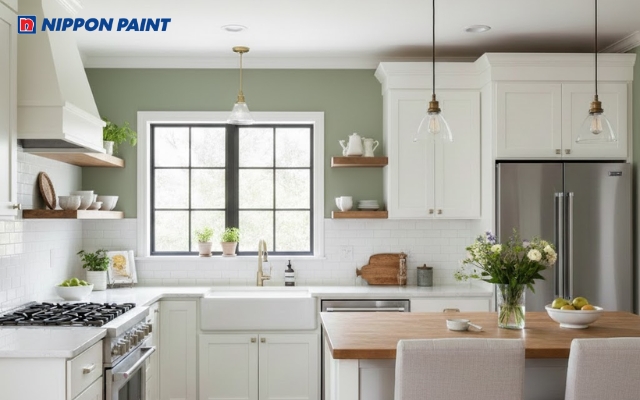 Nhà bếp màu xanh lá hiện đại, tươi mới