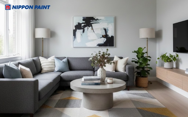 Sơn phòng khách màu xám nhạt giúp không gian hiện đại và rộng rãi