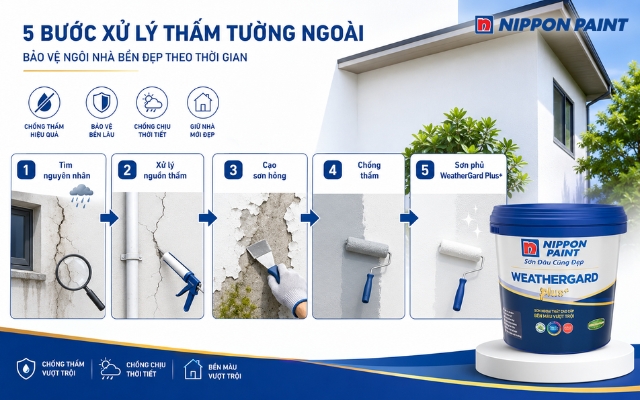 Các bước xử lý tường ngoài trời bằng sơn Nippon WeatherGard Plus+