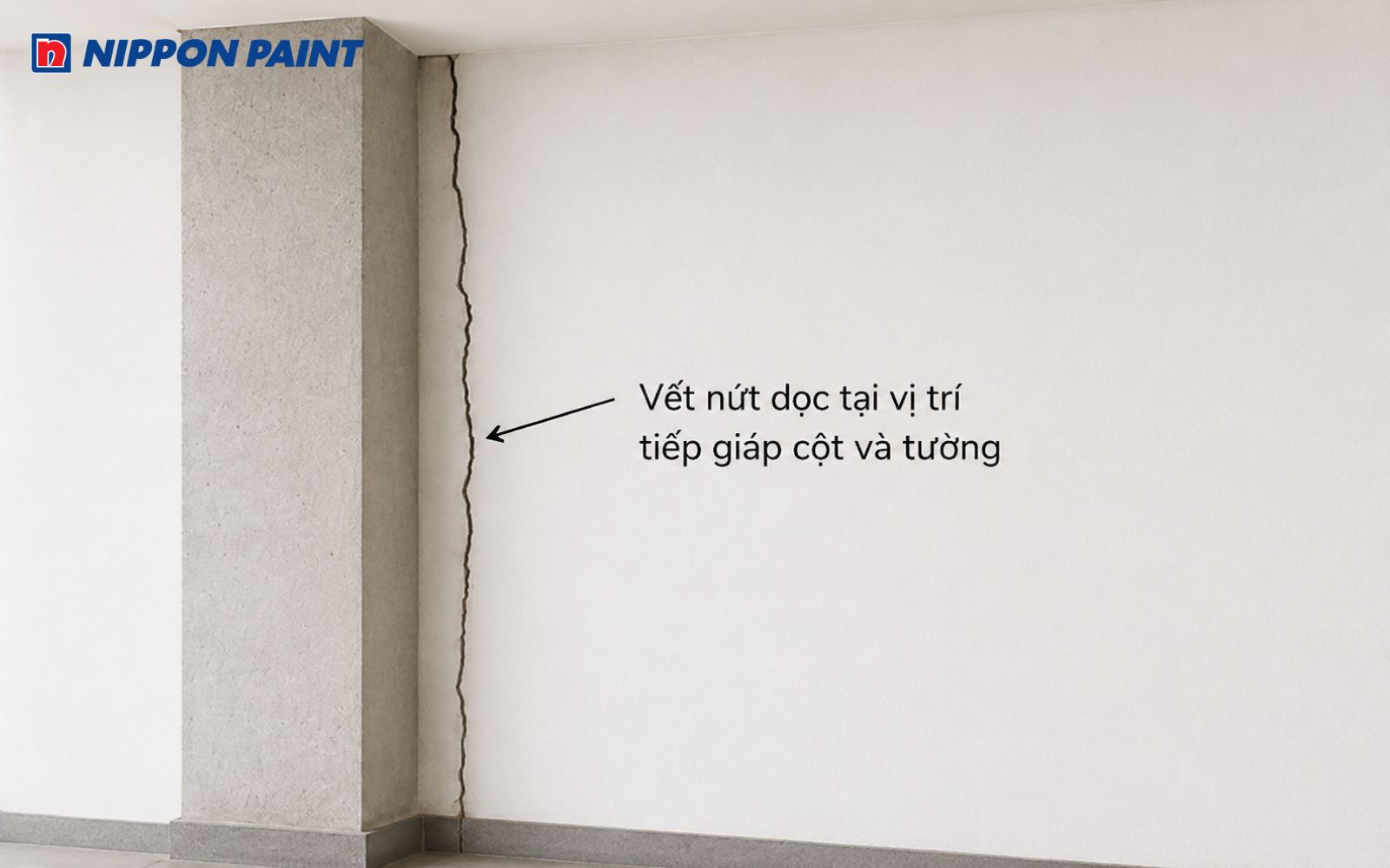 Vết nứt dọc xuất hiện ở mối nối giữa cột và tường