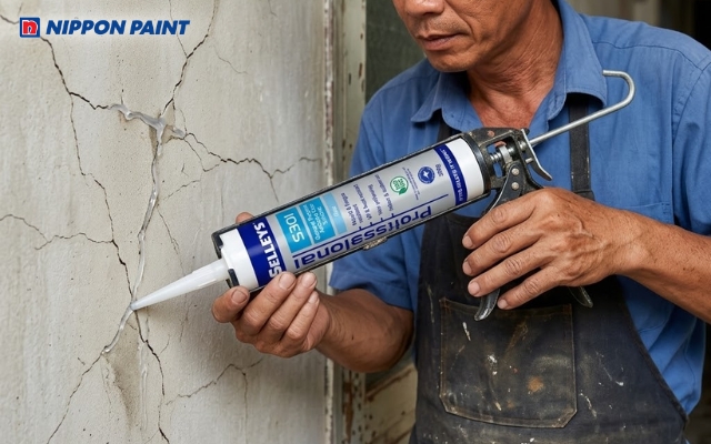 Vá vết nứt tường nhỏ bằng keo chuyên dụng là một cách phổ biến để xử lý vết nứt chân chim tường