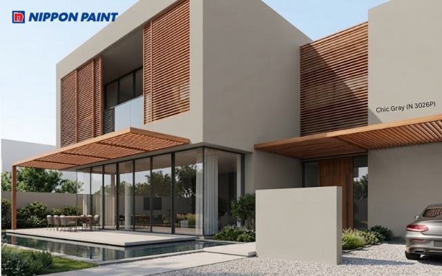 Villa sử dụng màu ghi sáng Chic Gray (N 3026P) kết hợp lam gỗ ngoài trời tạo điểm nhấn kiến trúc