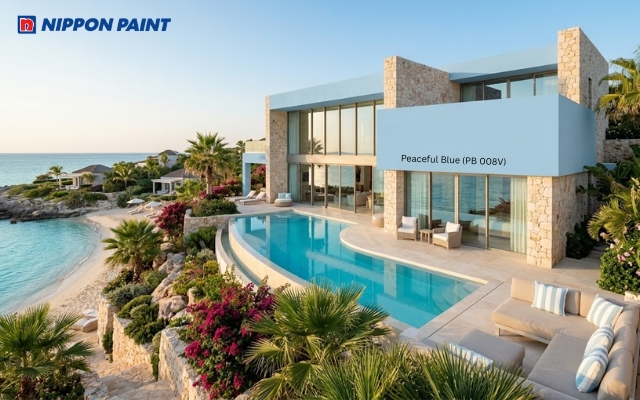 Villa nghỉ dưỡng sử dụng màu xanh dương Peaceful Blue (PB 008V) kết hợp cảnh quan xanh tạo không gian thư giãn