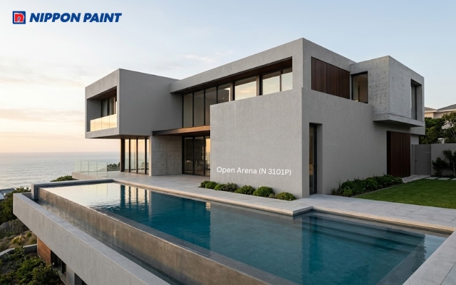 Villa hiện đại phối màu xám Open Arena (N 3101P) cùng hệ cửa nhôm đen tạo tổng thể mạnh mẽ