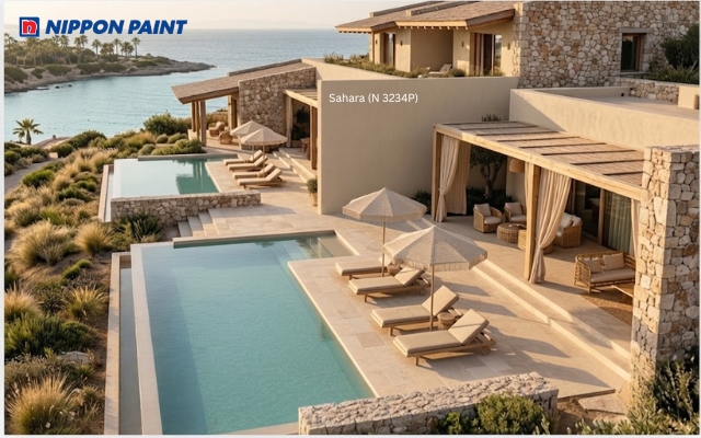 Villa dùng màu be cát Sahara (N 3234P) kết hợp đá tự nhiên tạo không gian thư giãn