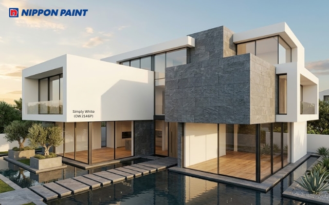 Villa phong cách tối giản phối màu trắng Simply White (OW 2146P) cùng đá ốp màu xám