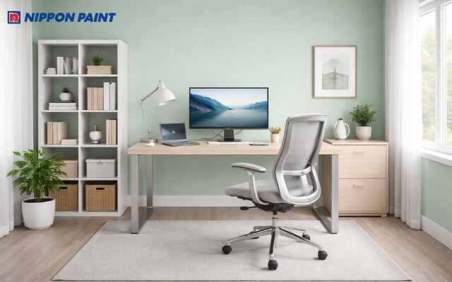 Không gian làm việc màu xanh mint phối xám tạo cảm giác chuyên nghiệp, khơi nguồn ý tưởng đột phá