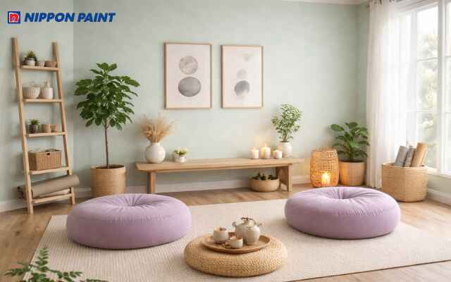 Phối màu tím nhạt và xanh mint trong phòng trà giúp xua tan căng thẳng hiệu quả