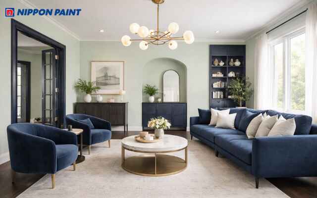 Vẻ đẹp cổ điển pha hiện đại đầy lôi cuốn cho phòng khách phối hai tông màu xanh khác nhau