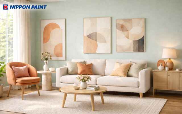 Không gian sống đầy tính nghệ thuật khi phối màu xanh mint và ánh cam đào cho nội thất