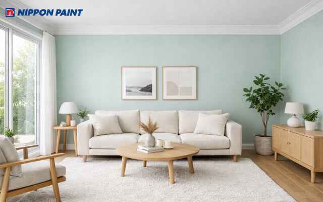 Không gian phòng khách bừng sáng khi kết hợp xanh mint và trắng tinh khôi