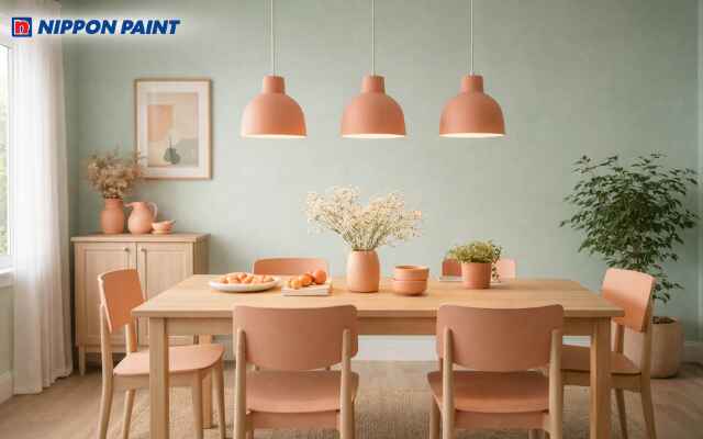 Sự kết hợp với cam đào mang lại nét phá cách cho không gian ăn uống