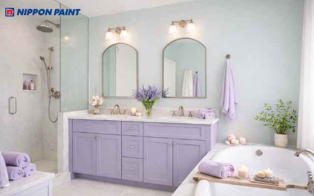 Phòng tắm pha giữa xanh mint và tím tạo cảm giác ổn định, dịu mát