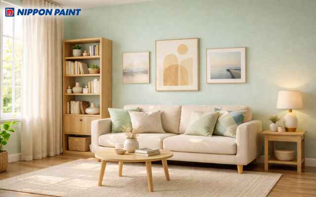 Tone màu be giúp trung hòa và làm mềm mại mảng tường xanh mint