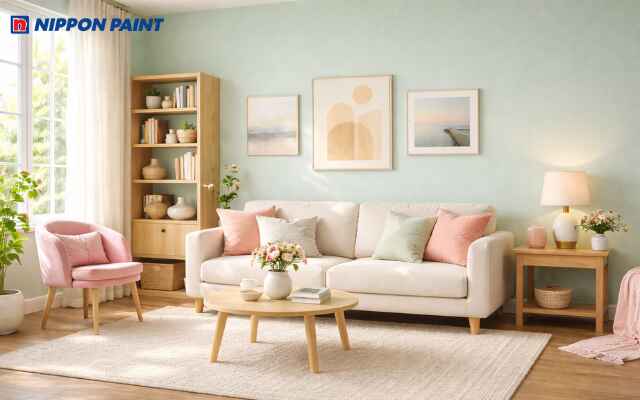 Sắc hồng điểm xuyết trên nền xanh giúp không gian thêm trẻ trung