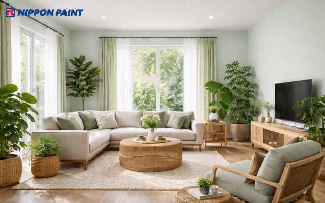 Không gian phòng khách xanh mint và xanh lá cây nhạt tràn ngập hơi thở thiên nhiên và sự tươi mát