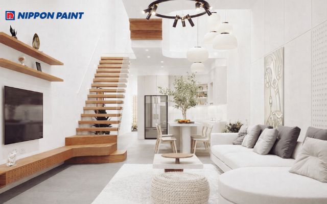 Mẫu sơn nhà màu trắng sứ hợp mệnh Kim tạo nền trung tính, dễ phối nội thất
