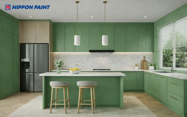 Sự phối hợp giữa xanh lá và gam trung tính tạo nên không gian hài hòa