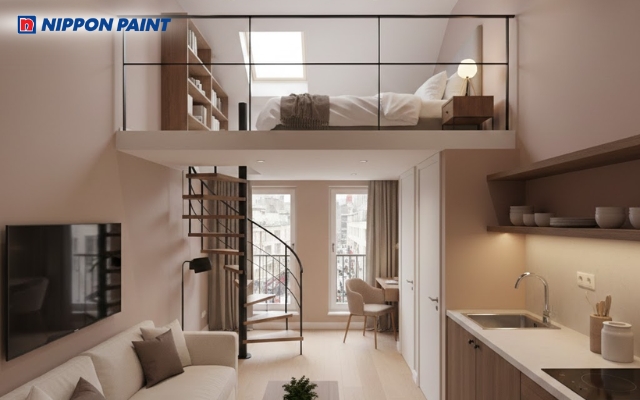 Tone trung tính nâu nhạt giúp không gian nhỏ vẫn sáng, gọn gàng và tràn đầy sức sống