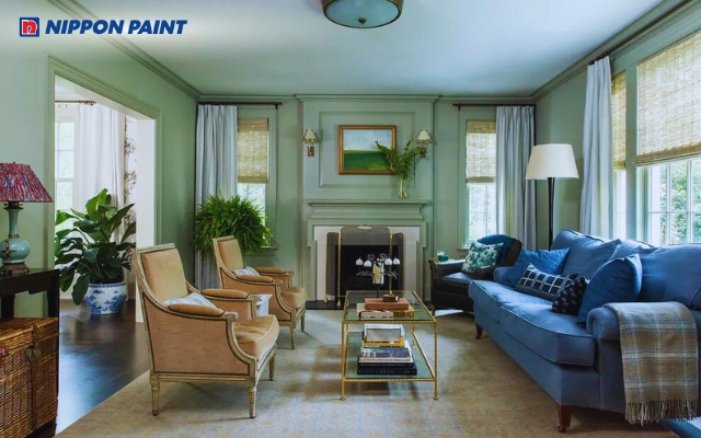 Không gian nhà ở sơn xanh lá kết hợp xanh dương tạo cảm giác mát mẻ và thư thái