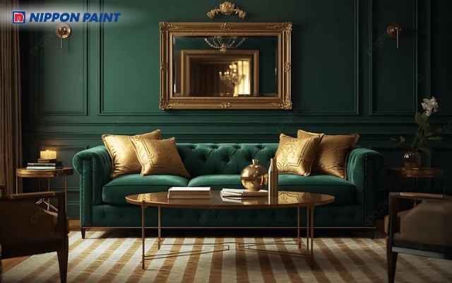 Không gian phòng khách sơn xanh lá kết hợp chi tiết vàng ánh kim tạo điểm nhấn sang trọng