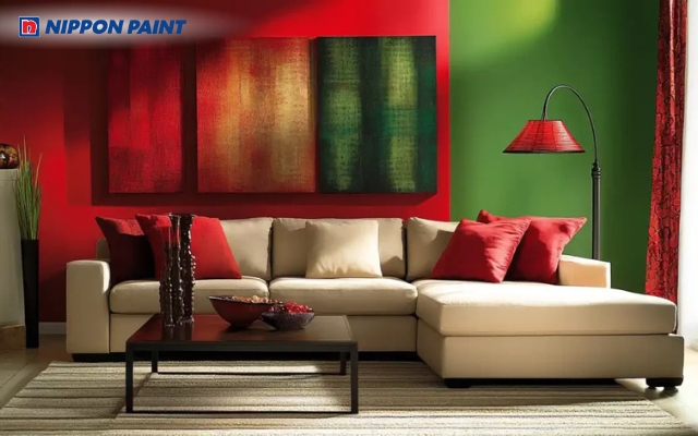 Sơn nhà xanh lá phối chi tiết màu đỏ tạo điểm nhấn nổi bật và cá tính cho không gian