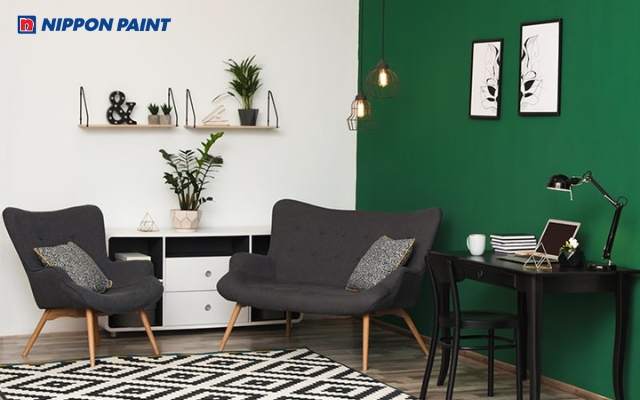 Phòng khách phối xanh lá và đen mang phong cách sang trọng, tinh tế và mạnh mẽ