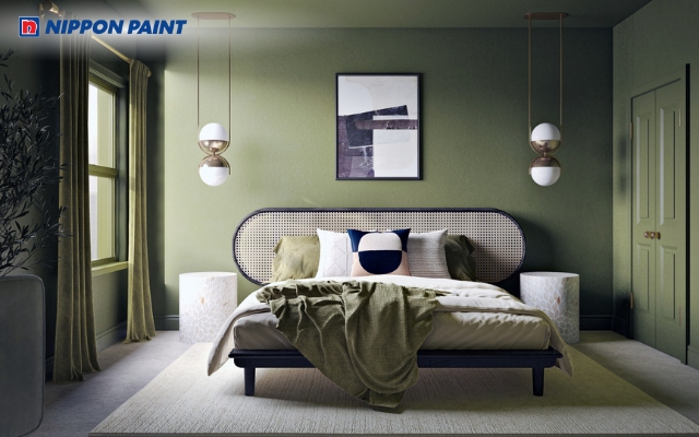 Phòng ngủ sử dụng màu xanh rêu mang lại không gian yên tĩnh, nhẹ nhàng và dễ chịu