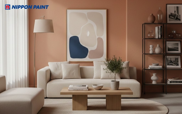Không gian phòng khách nổi bật nhờ sự lựa chọn sơn tường màu cam nâu