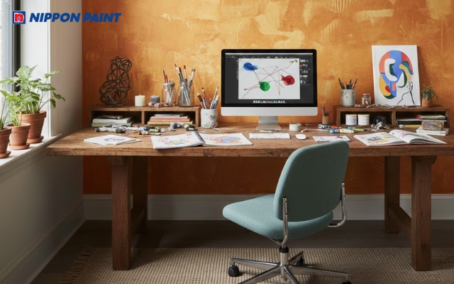 Góc làm việc sáng tạo với mảng tường màu vàng cam giúp nâng cao tinh thần tập trung