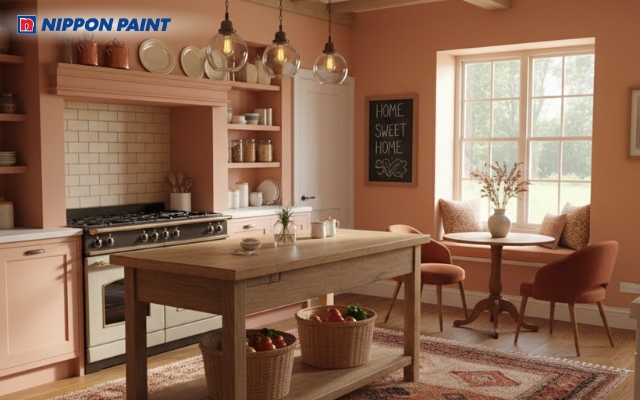 Không gian phòng bếp ấm cúng sơn màu đỏ cam nhạt thu hút mọi ánh nhìn