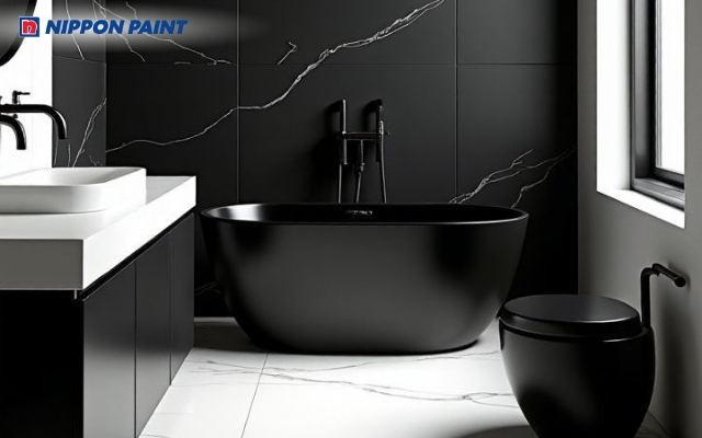 Mẫu phòng tắm tông đen vân đá sang trọng