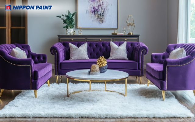 Sự kết hợp giữ sơn màu tím và xám giúp tạo nên tổng thể không gian hài hoà, tinh tế