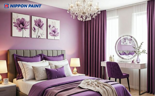 Màu tím kết hợp với chất liệu nỉ mang đến cảm giác sang trọng, đẳng cấp cho phòng ngủ