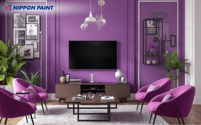 Sơn tím kết hợp với sơn trắng mang lại vẻ tinh tế, hiện đại cho phòng khách