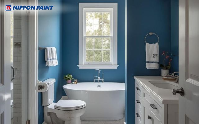 Màu xanh dương là gam màu rất phù hợp với không gian phòng tắm
