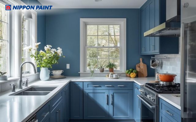 Màu xanh dương tạo cảm giác dịu mắt, thư thái khi bước vào căn bếp