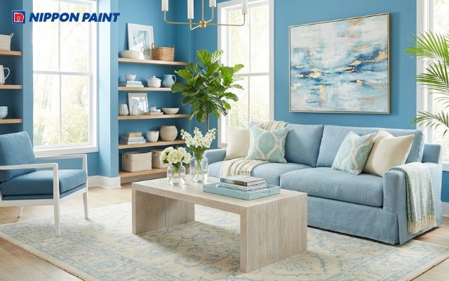 Màu xanh dương giúp phòng khách trở nên tươi sáng, mát mẻ